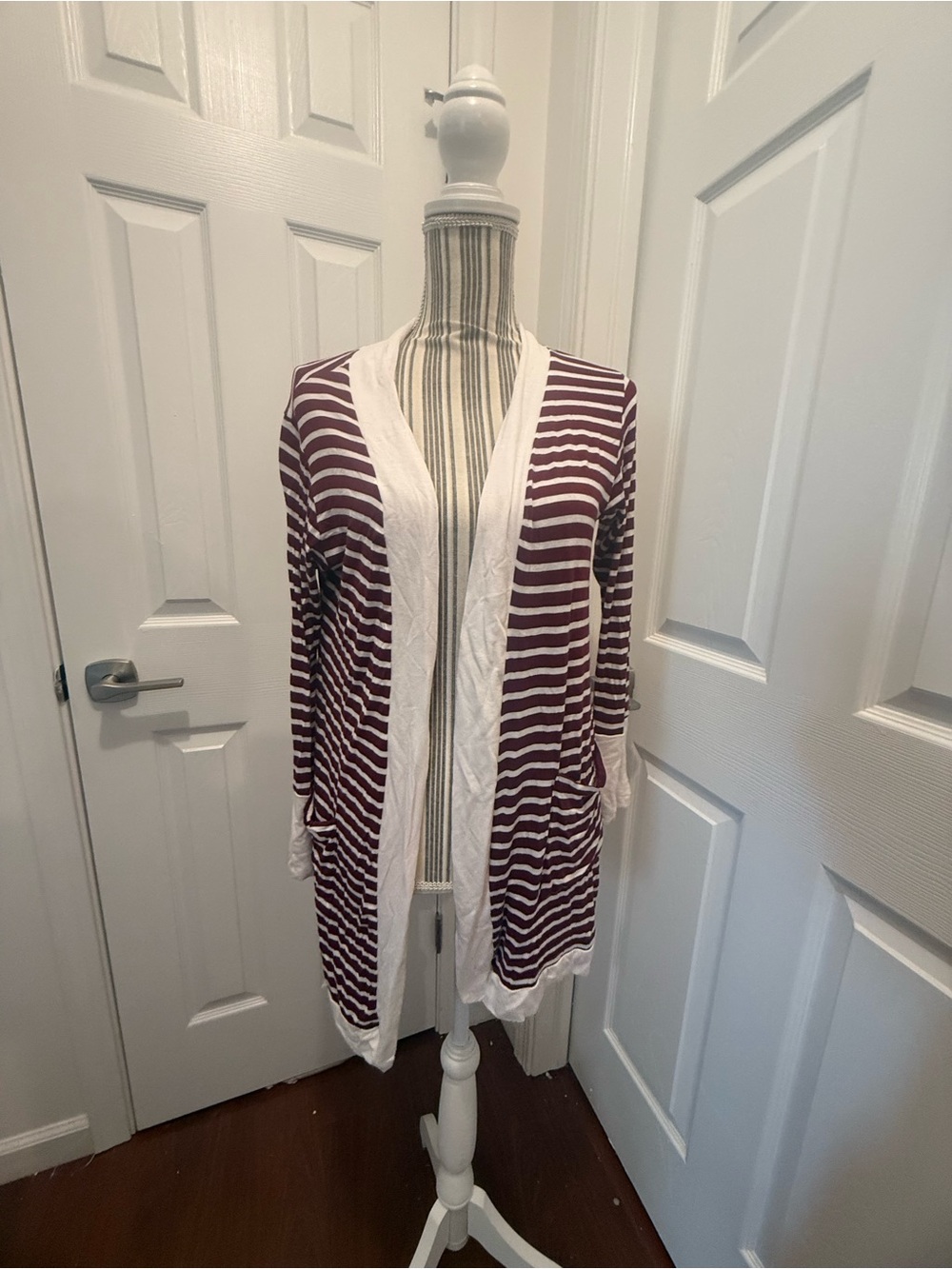 Striped Open-Front Cardigan Sweater - Grace & Lace Burgundy Small